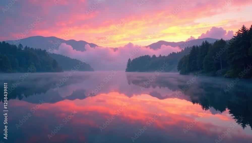 Fototapeta premium Soft focus landscape at dusk with misty fog rising from lake surface, dreamy, foggy
