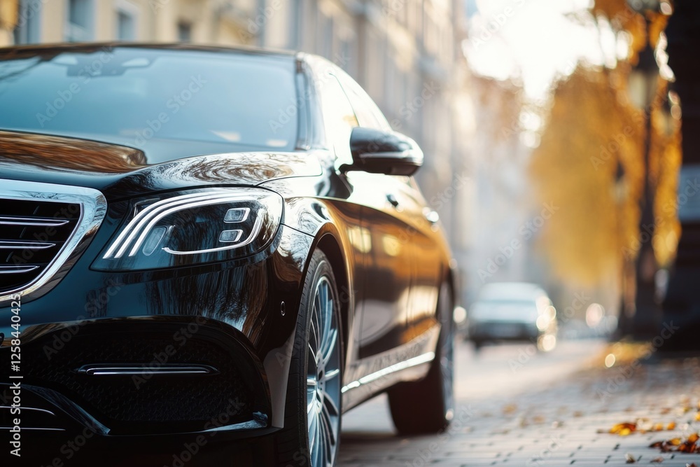 A black car parked on the side of the road, possibly broken down or waiting for assistance A black car parked on the side of the road, possibly broken down or waiting for assistance