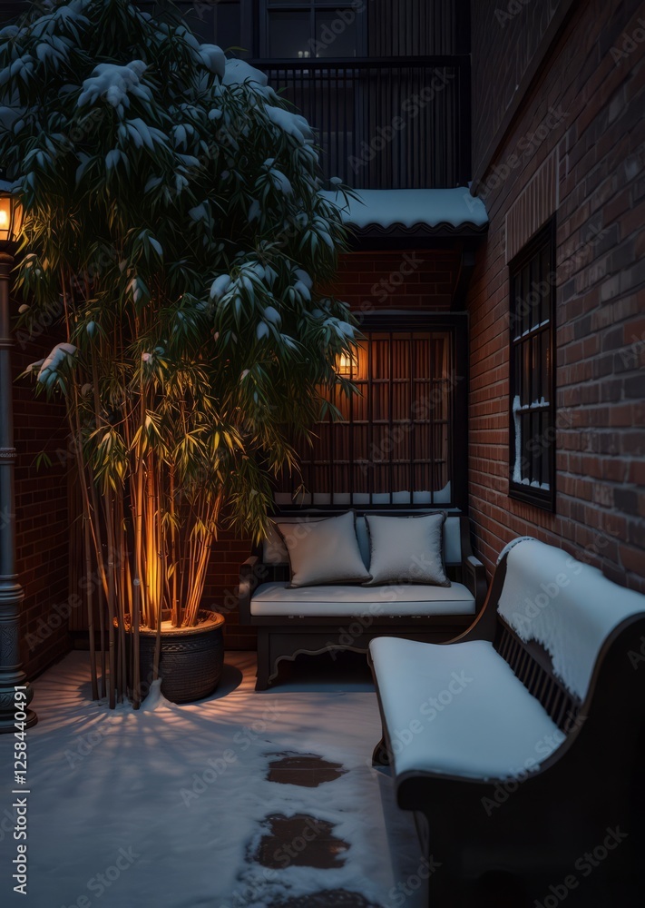 Snow covered seating and bamboo plant by historic brick facade bamboo house background beautiful bamboo asian seaport baltic sea antebellum