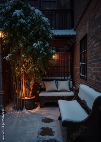 Obraz na płótnie Snow covered seating and bamboo plant by historic brick facade bamboo house background beautiful bamboo asian seaport baltic sea antebellum w salonie