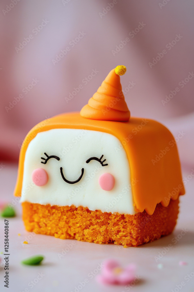 A smiling carrot cake slice with a tiny frosting hat A smiling carrot cake slice with a tiny frosting hat