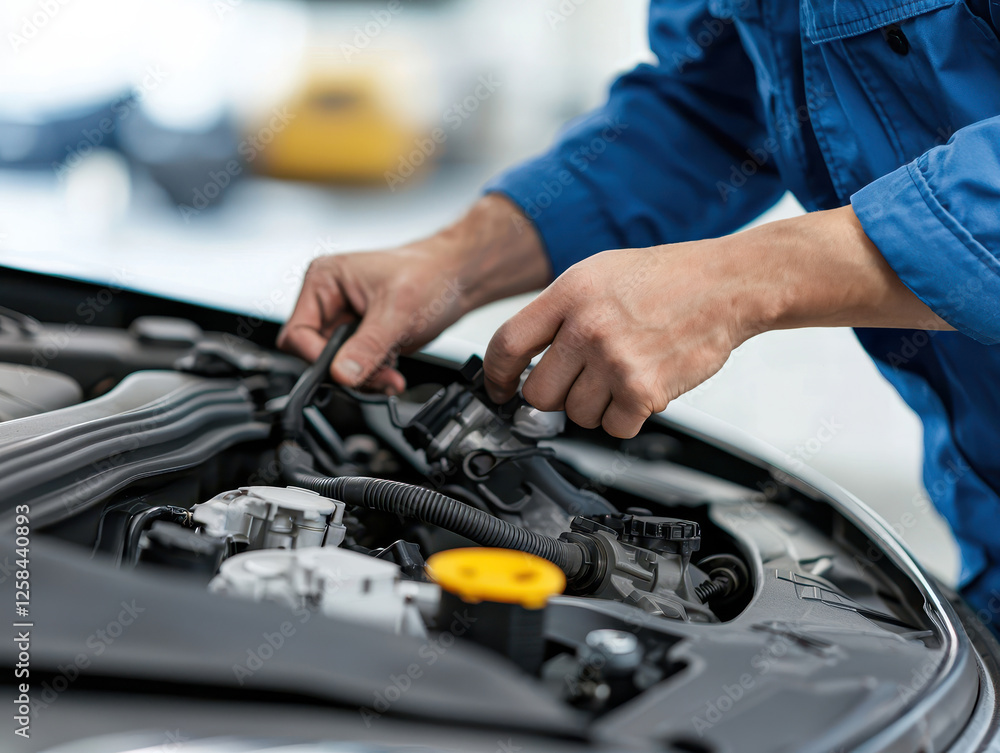 Car engine repair and testing service by mechanic. A mechanic working on a car engine, using tools to perform maintenance or repair tasks in an automotive workshop. Car engine repair and testing service by mechanic. A mechanic working on a car engine, using tools to perform maintenance or repair tasks in an automotive workshop.