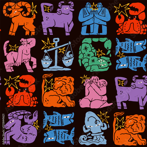 Astrological zodiac signs. Aries, Taurus, Leo, Gemini, Virgo, Scorpio, Libra, Aquarius, Sagittarius, Pisces, Capricorn, Cancer. Cartoon unique modern style. Hand drawn Vector seamless Pattern