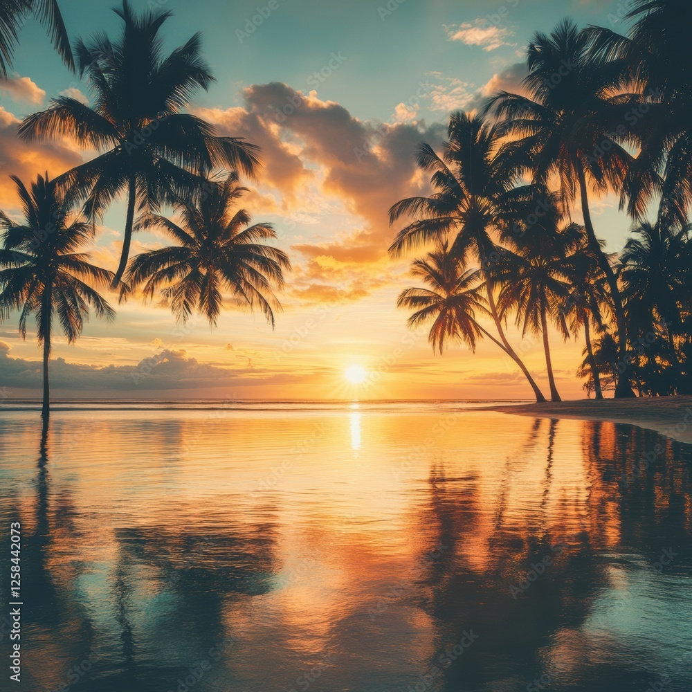 Fototapeta premium Sunset over a tranquil beach with palm trees reflecting in calm water at dusk. Generative AI