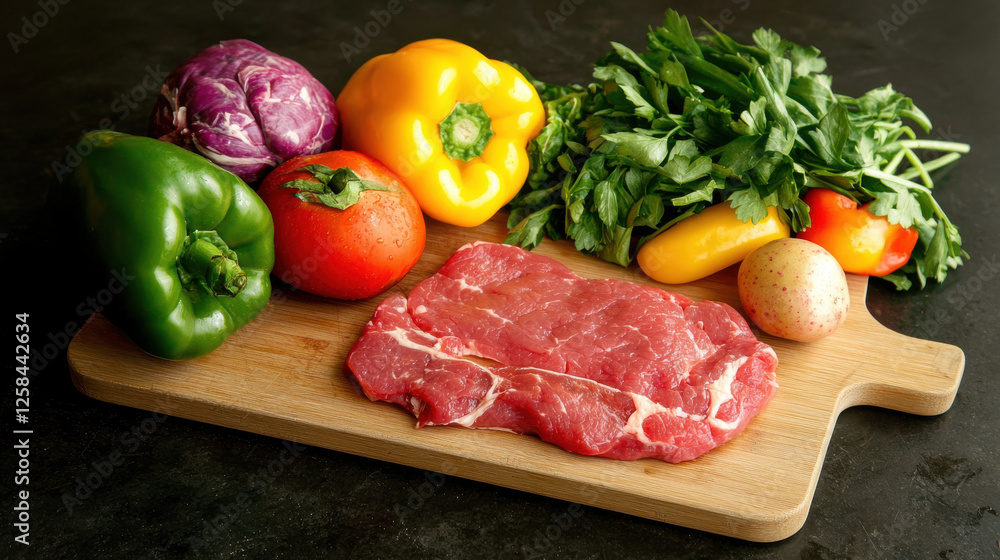 Fresh vegetables and raw meat on wooden cutting board, ready for cooking Fresh vegetables and raw meat on wooden cutting board, ready for cooking