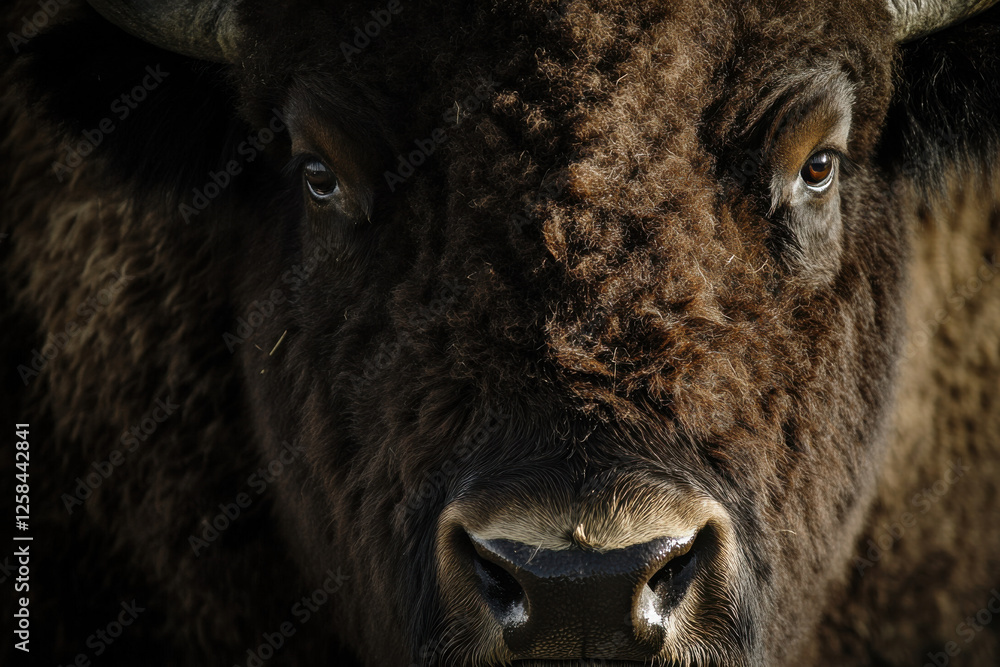 Fototapeta premium Bison with a thick fur coat, standing on a white background, representing strength and resilience