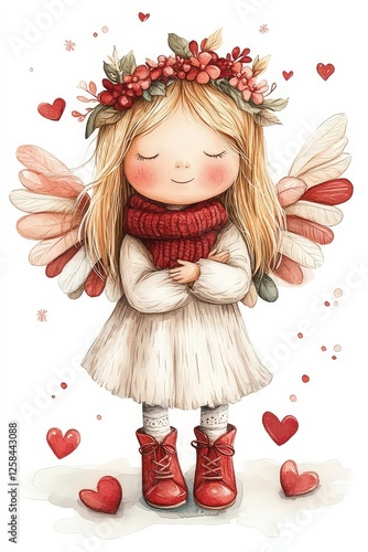 Wallpaper Mural Illustration of a cheerful angel with red hair, wings and a soft white dress. Flat card design for Valentine's Day and holidays. Torontodigital.ca