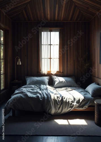 Obraz na płótnie A serene bedroom showcases sustainable bamboo furniture and organic linens bathed in natural light fostering a tranquil atmosphere and promoting eco-friendly living bamboo house background beautiful b w salonie