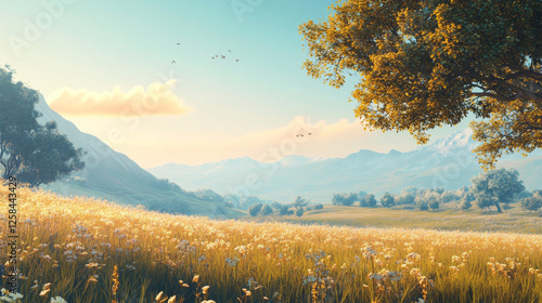 A peaceful morning landscape with vibrant fresh grass and a clear sky, exuding tranquility