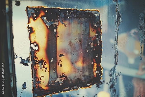 A weathered piece of metal dangling from a window, likely a remnant of industrial or agricultural use photo