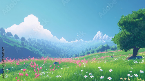 A peaceful morning landscape with vibrant fresh grass and a clear sky, exuding tranquility
