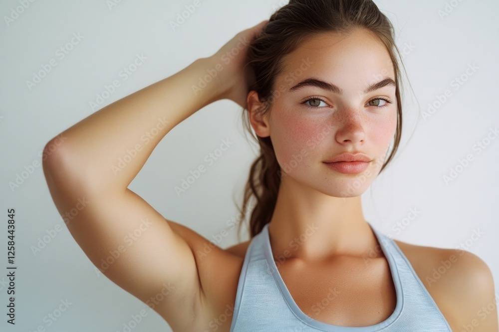 A beautiful young woman wearing a casual blue tank top, perfect for everyday use or fitness activities A beautiful young woman wearing a casual blue tank top, perfect for everyday use or fitness activities