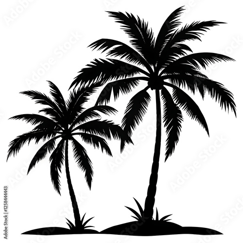 Set of palm trees silhouette art black and white vector illustration on white background.