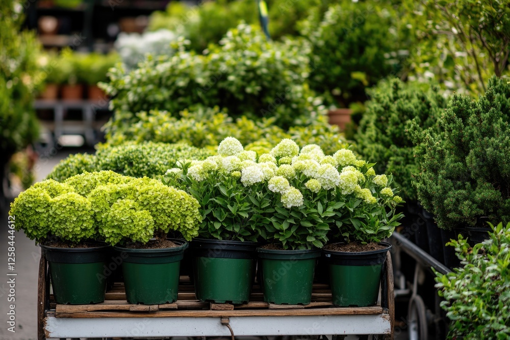 A cart overflowing with potted plants, ideal for interior design or gardening themed images A cart overflowing with potted plants, ideal for interior design or gardening themed images
