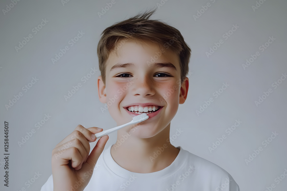 Photo portrait of a boy brushing his teeth with toothbrush smiling with clean teeth. For a dental ad, isolated on white background Photo portrait of a boy brushing his teeth with toothbrush smiling with clean teeth. For a dental ad, isolated on white background