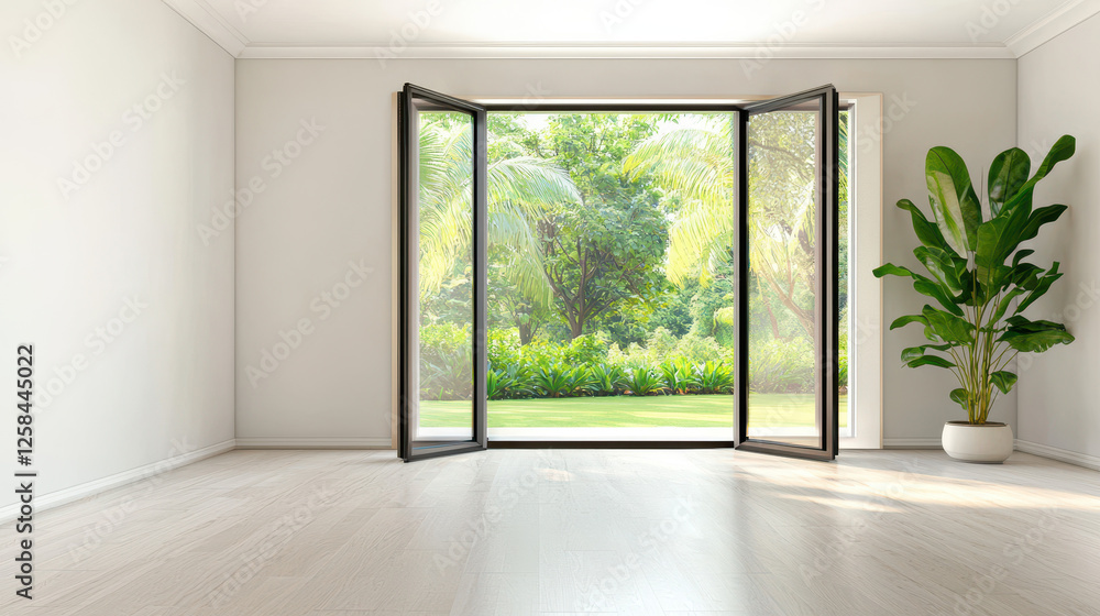 Fototapeta premium bright airy room with large open windows showcasing lush garden view