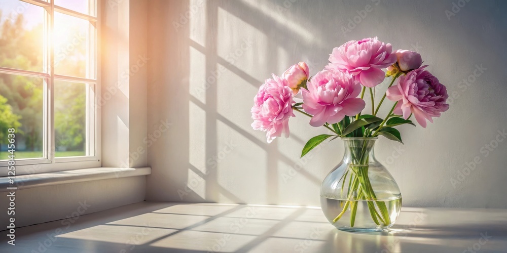 Sunlight illuminates pink peonies in a clear glass vase, positioned on a windowsill, casting shadows on a light surface. Sunlight illuminates pink peonies in a clear glass vase, positioned on a windowsill, casting shadows on a light surface.