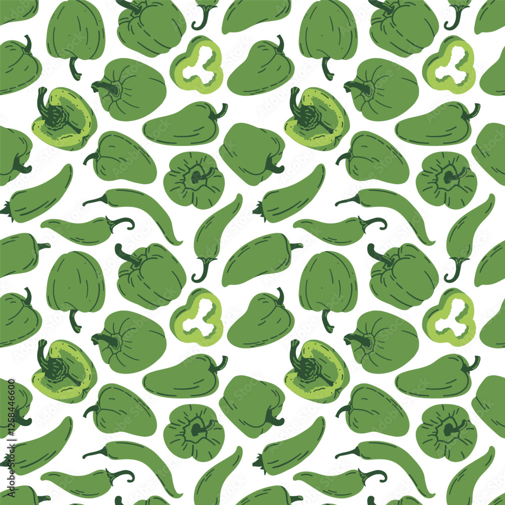 Seamless pepper pattern. Spicy vegetables, green pepper background. Fresh cooking, organic raw food, neat vector print. Seamless pepper pattern. Spicy vegetables, green pepper background. Fresh cooking, organic raw food, neat vector print.