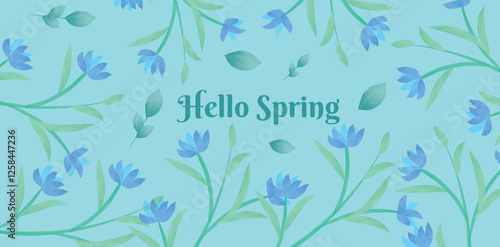 Hello Spring, Flowers, Spring or Summer with blooming meadow flowers on a blue background. Watercolor. Multi-colored garden flowers