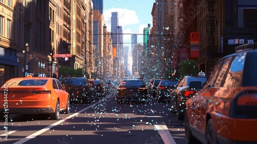 Futuristic City Street Scene: Cars and Sparkling Particles