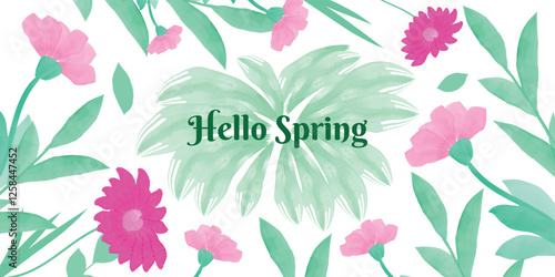 Hello Spring, Flowers, Spring or Summer with blooming pink meadow flowers and foliage. Watercolor. Multi-colored garden flowers