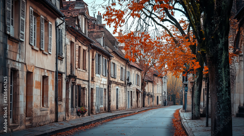 Fototapeta premium Scandinavian city street with houses in fall. Autumn landscape of european town with old buildings, empty road and trees with orange leaves, vector cartoon illustration