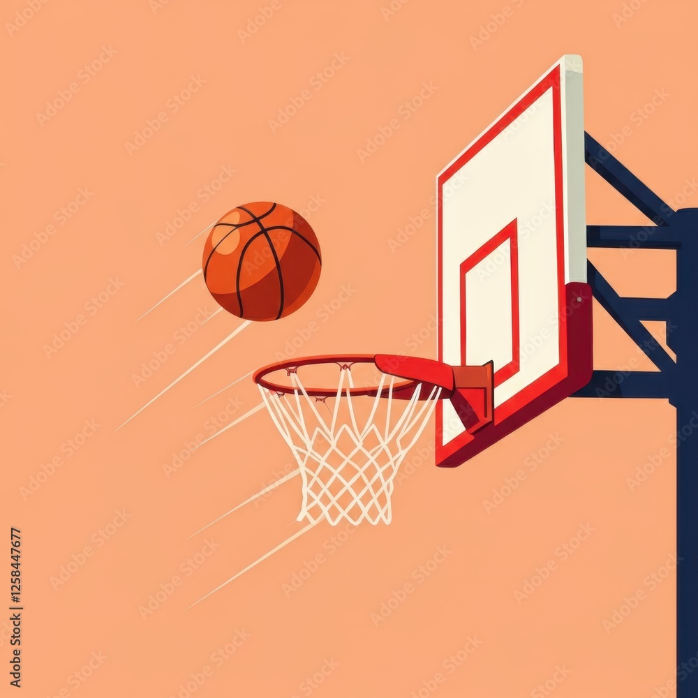 A stylized illustration of a basketball approaching a hoop. A stylized illustration of a basketball approaching a hoop.