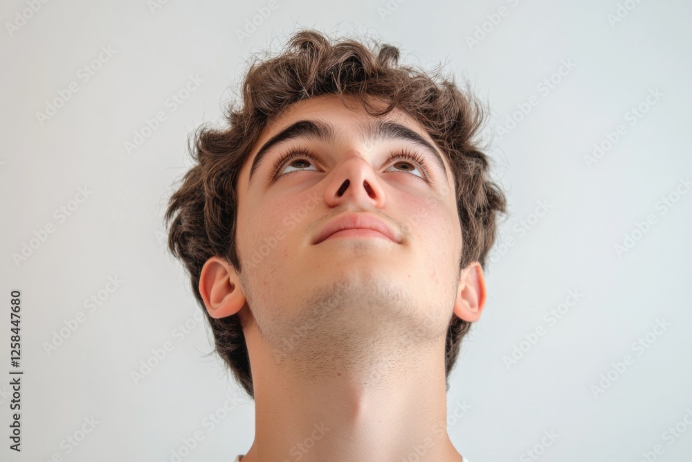 Obraz premium A man looks up with his eyes wide open in surprise or shock