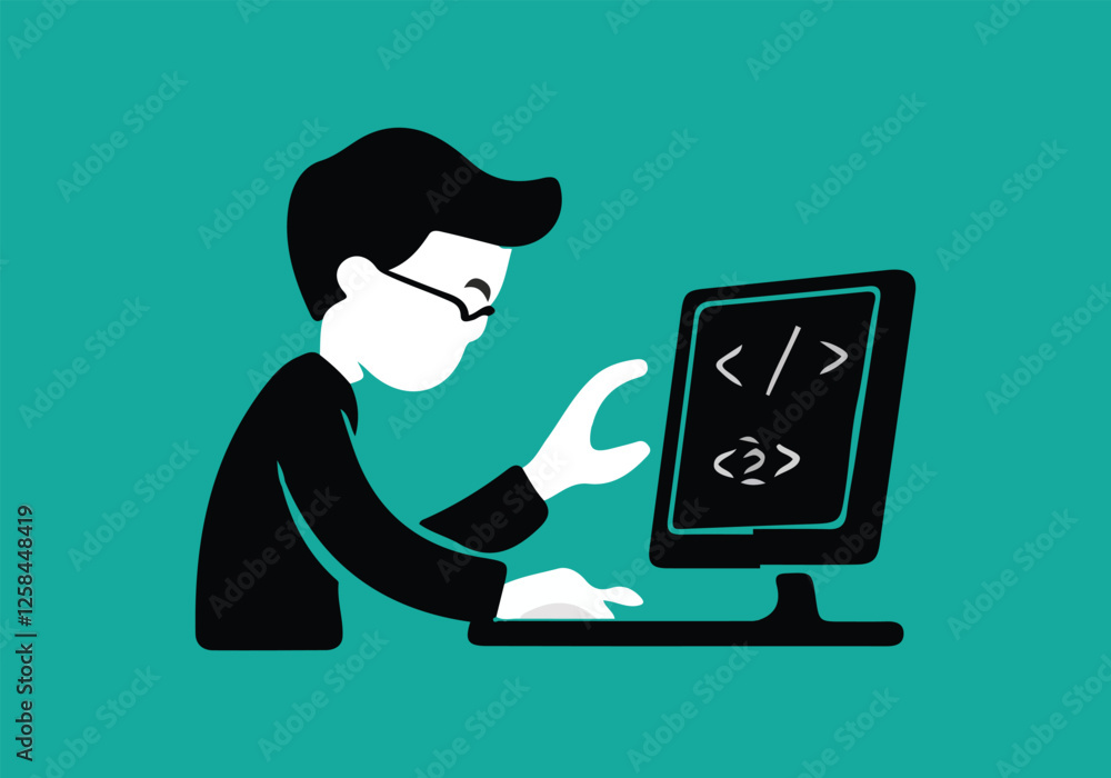 Vector Illustration of a Programmer Coding on a Computer Screen with HTML CSS Tags Vector Illustration of a Programmer Coding on a Computer Screen with HTML CSS Tags