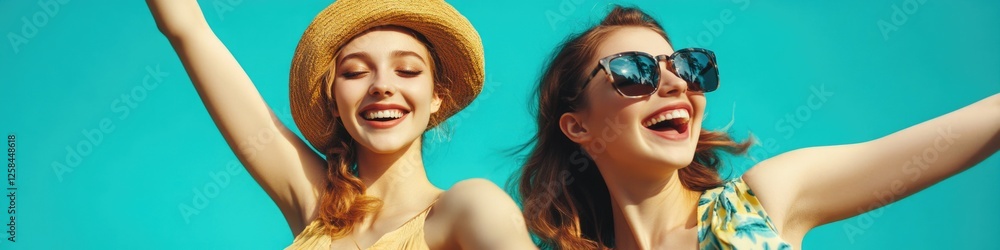 Two friends or colleagues enjoying a sunny day out, possibly at an outdoor event or social gathering Two friends or colleagues enjoying a sunny day out, possibly at an outdoor event or social gathering