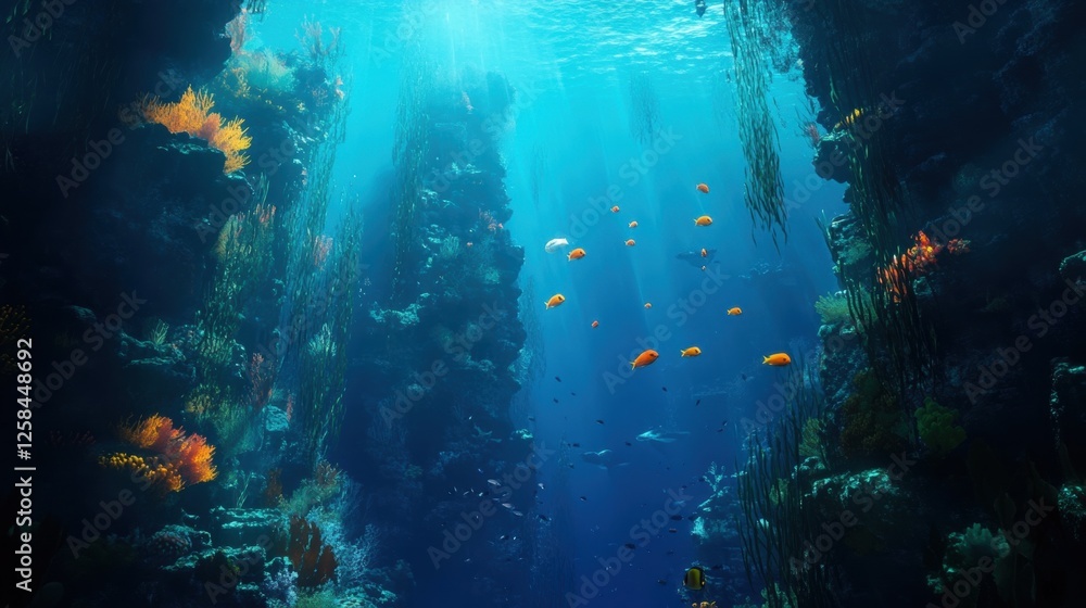 Naklejka premium Enchanting underwater ocean scene with vibrant marine life and deep blue waters