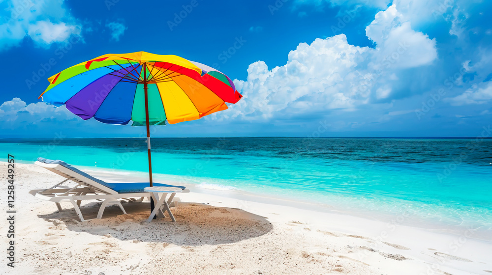 Colorful beach umbrella and lounge chair on a pristine sandy beach with turquoise water and clear blue skies, perfect summer vacation setting. Colorful beach umbrella and lounge chair on a pristine sandy beach with turquoise water and clear blue skies, perfect summer vacation setting.