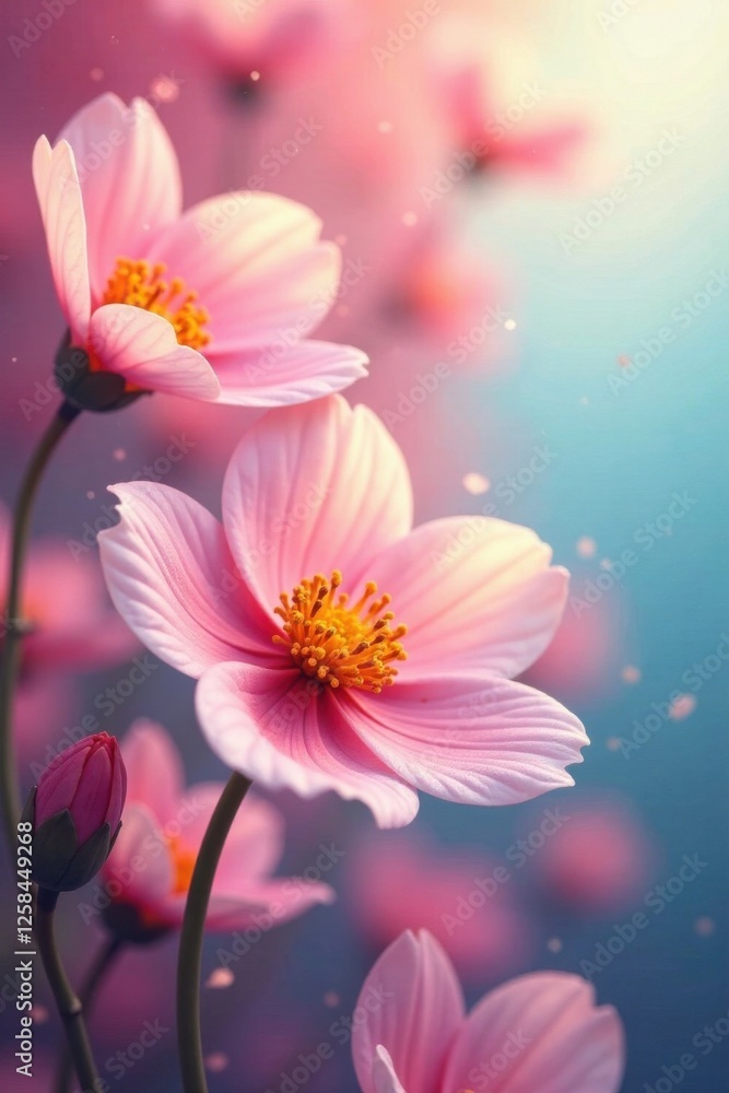 Obraz premium Softly glowing flowers in a gradient background of pink blue yellow , yellow, soft, blue