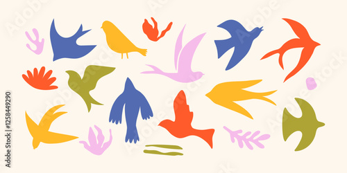 Abstract colored birds. Simple bird silhouettes, minimalistic hand drawn folk decorative birdy elements and organic naive shapes for pattern sticker print design. Vector set