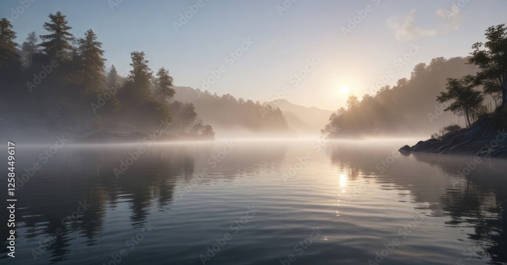 Fototapeta premium Softly glowing mist over a calm body of water, serene, nature, scenery