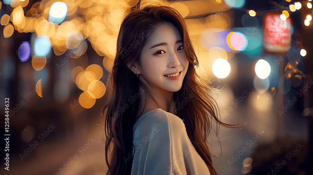 Young Woman Smiling in a City at Night Young Woman Smiling in a City at Night