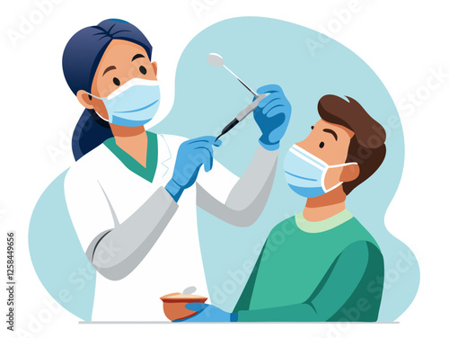 A dentist wearing a mask and gloves using a dental mirror and scaler to check a patient's teeth, isolated on white background.

