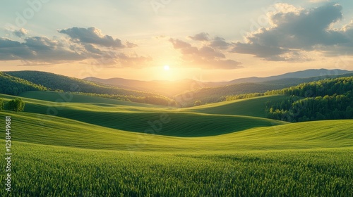 Serene sunset over rolling hills and lush green fields with majestic clouds