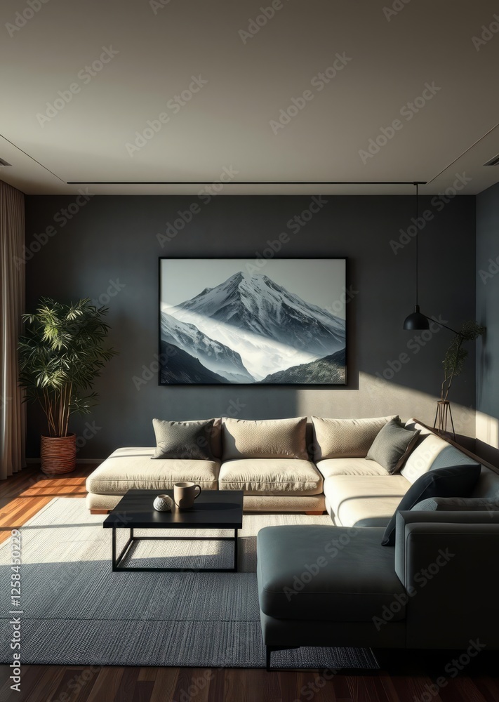 A modern japanese living room with a sectional sofa a large mountain artwork and a bamboo plant bamboo house background beautiful bamboo asian seaport baltic sea antebellum