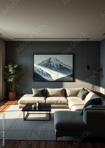 Obraz na płótnie A modern japanese living room with a sectional sofa a large mountain artwork and a bamboo plant bamboo house background beautiful bamboo asian seaport baltic sea antebellum w salonie