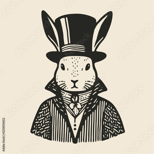 rabbit wearing medieval style, Victorian classy clothes and a top hat, vintage bunny portrait sketch