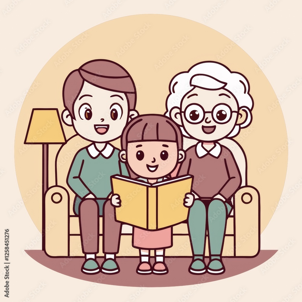 Grandparents reading a storybook to their grandchildren on a comfy sofa, warm and loving atmosphere. Family cartoon Grandparents reading a storybook to their grandchildren on a comfy sofa, warm and loving atmosphere. Family cartoon