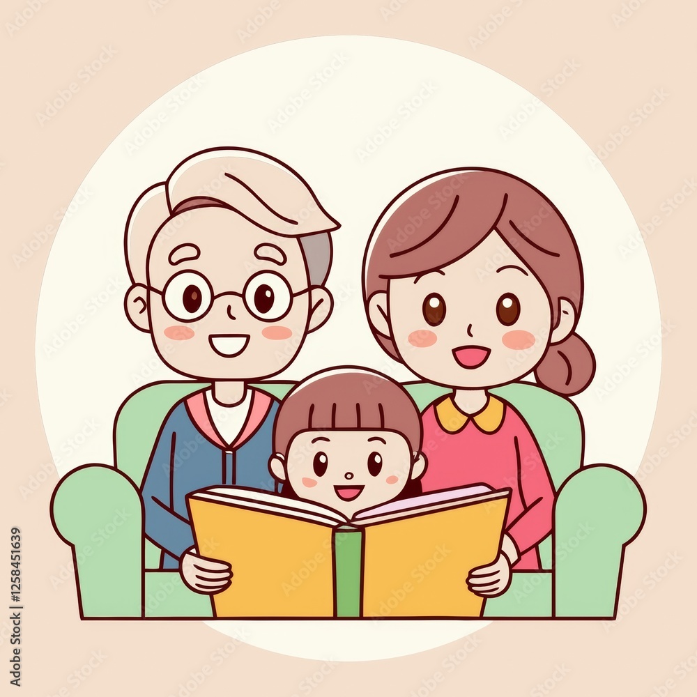 Grandparents reading a storybook to their grandchildren on a comfy sofa, warm and loving atmosphere. Family cartoon Grandparents reading a storybook to their grandchildren on a comfy sofa, warm and loving atmosphere. Family cartoon