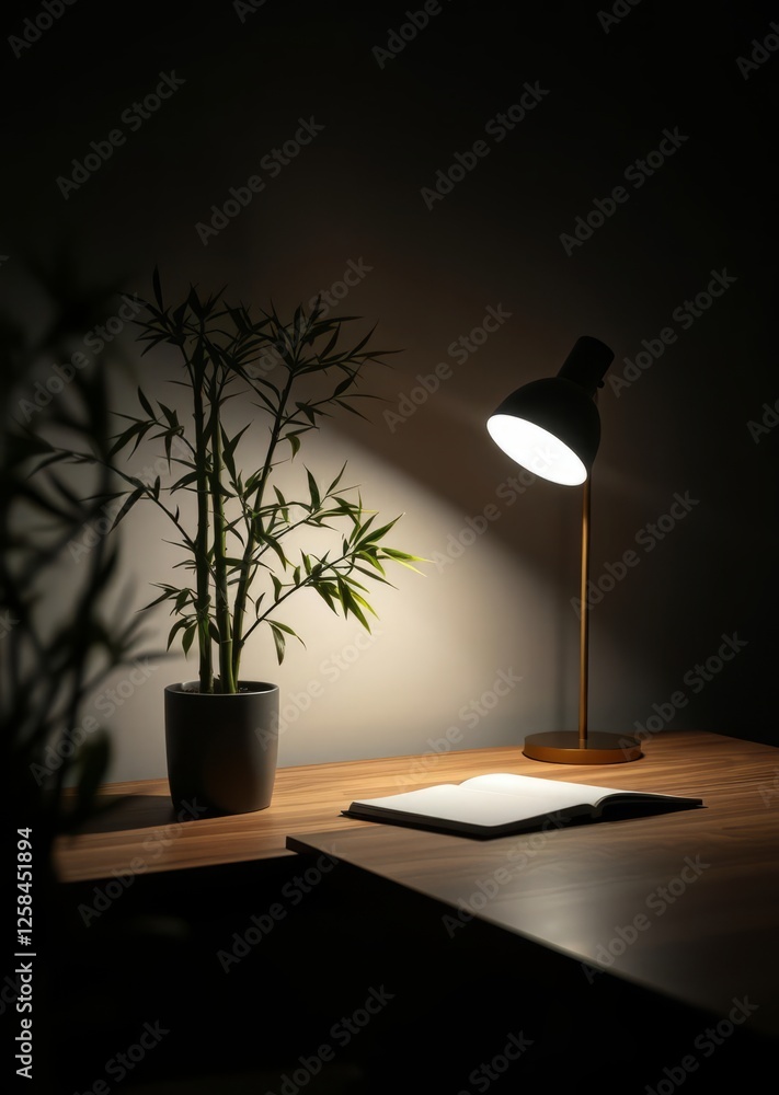 Modern minimalist workspace with bamboo plant wooden desk and soft light table lamp featuring neutral tones and cozy interior design bamboo house background beautiful bamboo asian seaport baltic sea a