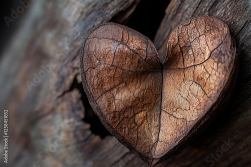 Dried heart-shaped leaf on rustic wood.