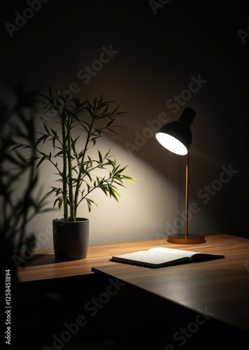 Obraz na płótnie Modern minimalist workspace with bamboo plant wooden desk and soft light table lamp featuring neutral tones and cozy interior design bamboo house background beautiful bamboo asian seaport baltic sea a w salonie