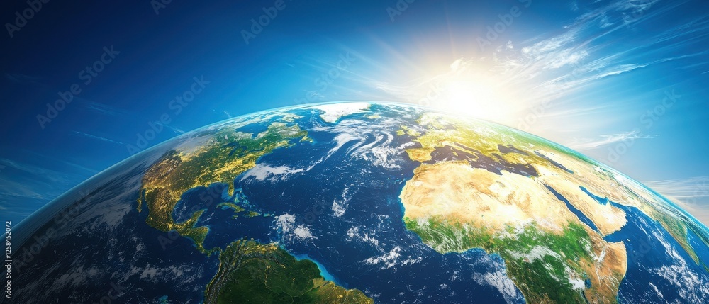 Fototapeta premium World water day. Earth from space with a bright sunrise illuminating the horizon.
