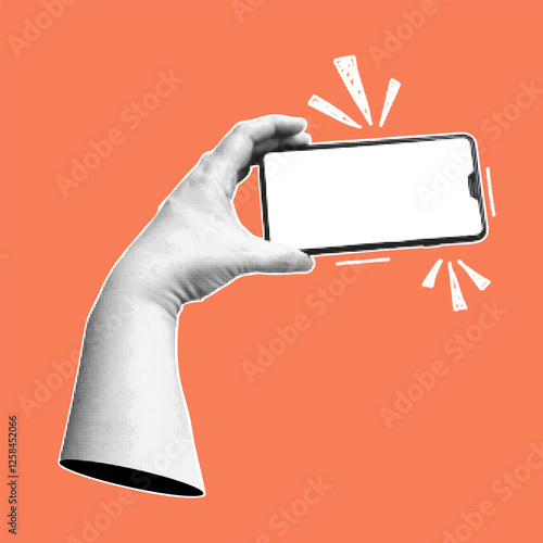 Collage with hand holding smartphone. Trendy banner with  human palms and mobile phone. Modern pop art with halftone effects. Vector  illustration.