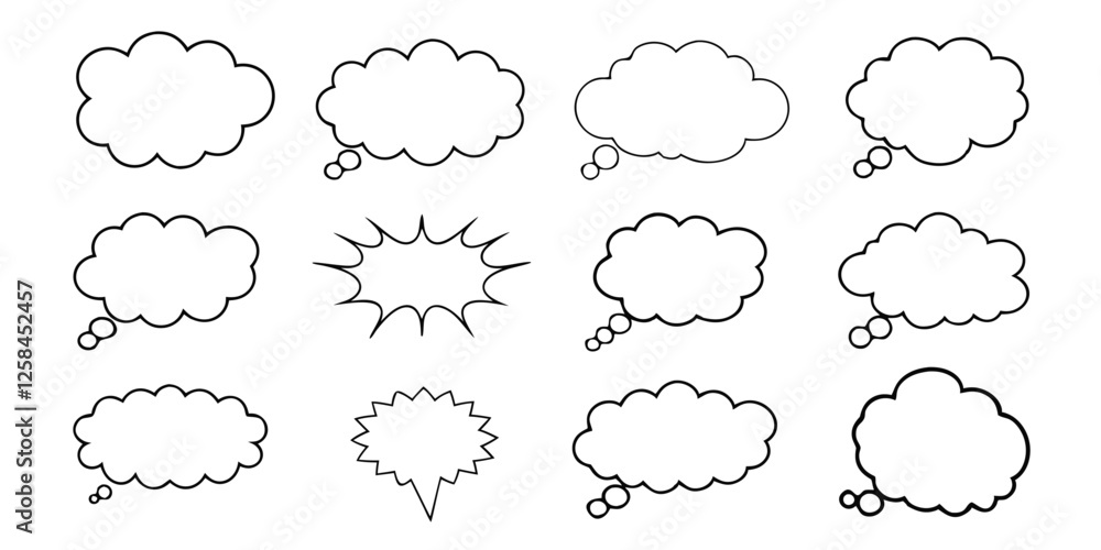 Fototapeta premium black hand drawn grunge charcoal, chalk speech bubbles, Balloon Vector Outline Illustration, Ideal for meme, poster, tag, banner, hashtag, dialogue Isolated on white background 