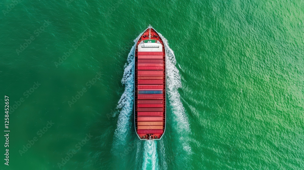 A vibrant aerial view of a red cargo ship navigating through clear turquoise waters, creating ripples in its wake. A vibrant aerial view of a red cargo ship navigating through clear turquoise waters, creating ripples in its wake.